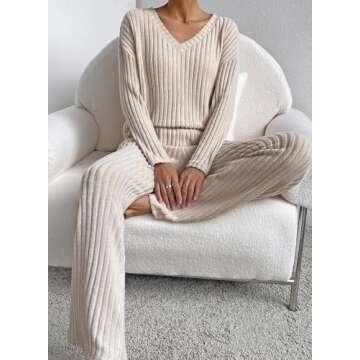 SHEWIN Womens Pajama Sets Long Sleeve 2 Piece Outfits Lounge Set Ribbed Knit causal Sweatsuits Spring Outfits for Women 2025 Khaki S