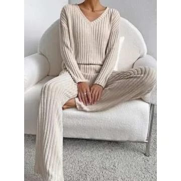 SHEWIN Womens Pajama Sets Long Sleeve 2 Piece Outfits Lounge Set Ribbed Knit causal Sweatsuits Spring Outfits for Women 2025 Khaki S