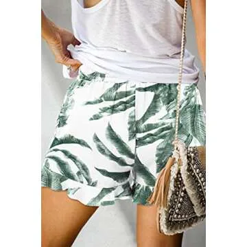ONLYSHE Women's Comfy Drawstring Shorts Summer Retro Ruffle Hem Elastic Waisted Shorts Pants with Pockets WhiteGreen-S