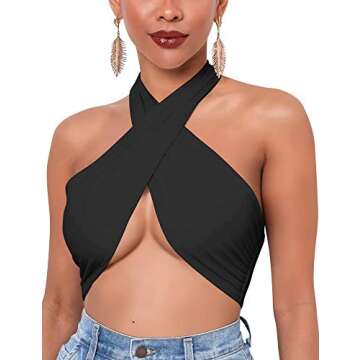 Mokoru Women's Sexy Sleeveless Halter Criss Cross Tank Crop Tops Self Tie Backless Cami, S/M, Black