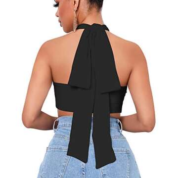 Mokoru Women's Sexy Sleeveless Halter Criss Cross Tank Crop Tops Self Tie Backless Cami, S/M, Black