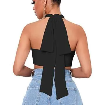 Mokoru Women's Sexy Sleeveless Halter Criss Cross Tank Crop Tops Self Tie Backless Cami, S/M, Black