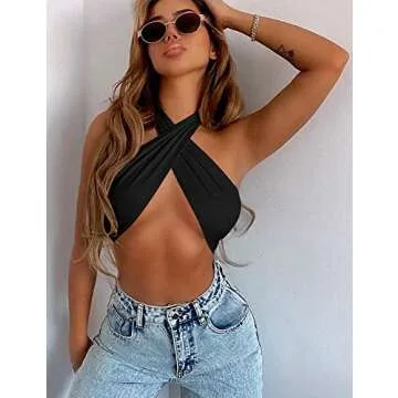 Mokoru Women's Sexy Sleeveless Halter Criss Cross Tank Crop Tops Self Tie Backless Cami, S/M, Black