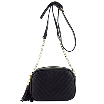 Simple Shoulder Bag Crosbody with Metal Chain Strap and Tassel Top Zipper (Black)