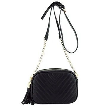 Simple Shoulder Bag Crosbody with Metal Chain Strap and Tassel Top Zipper (Black)