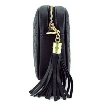 Simple Shoulder Bag Crosbody with Metal Chain Strap and Tassel Top Zipper (Black)