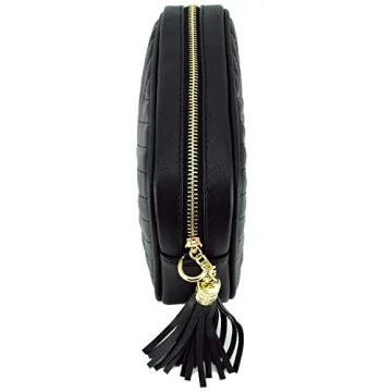 Simple Shoulder Bag Crosbody with Metal Chain Strap and Tassel Top Zipper (Black)