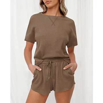 ZESICA Women's Waffle Knit Pajama Set Short Sleeve Top and Shorts Loungewear Athletic Tracksuits with Pockets,DarkKhaki,Small