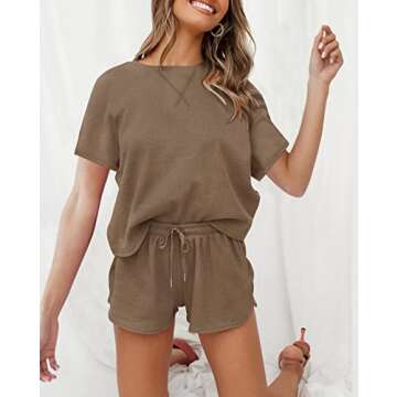ZESICA Women's Waffle Knit Pajama Set Short Sleeve Top and Shorts Loungewear Athletic Tracksuits with Pockets,DarkKhaki,Small
