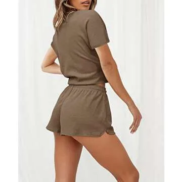 ZESICA Women's Waffle Knit Pajama Set Short Sleeve Top and Shorts Loungewear Athletic Tracksuits with Pockets,DarkKhaki,Small