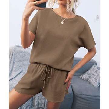 ZESICA Women's Waffle Knit Pajama Set Short Sleeve Top and Shorts Loungewear Athletic Tracksuits with Pockets,DarkKhaki,Small