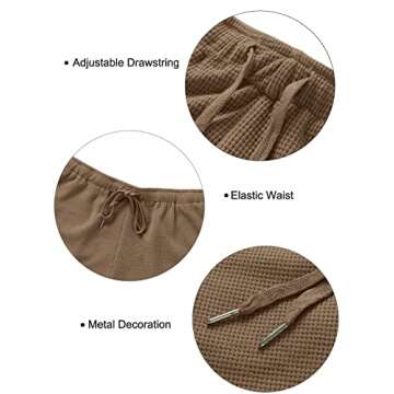 ZESICA Women's Waffle Knit Pajama Set Short Sleeve Top and Shorts Loungewear Athletic Tracksuits with Pockets,DarkKhaki,Small