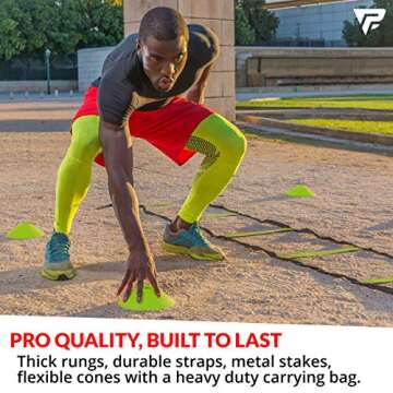 Pro Agility Ladder and Cones - 15 ft Fixed-Rung Speed Ladder with 12 Disc Cones for Soccer, Football...