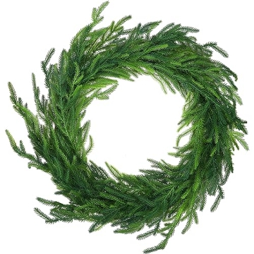 Jutom 24" Christmas Norfolk Pine Wreath for Front Door Artificial Green Garland Faux Greenery Realis...