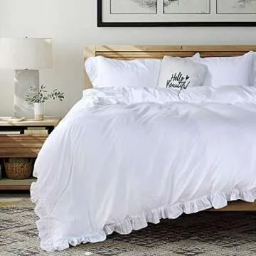 QSH White Ruffle California King Duvet Cover,100% Washed Cotton Farmhouse Shabby Boho Chic Bedding Comforter Quilt Cover Oversized Vintage Rustic French Country Aesthetic Bedding 3 Pieces