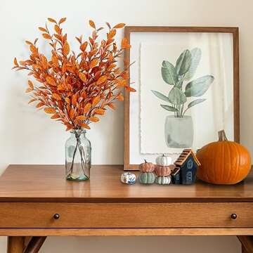 Sggvecsy 6 Pcs Artificial Fall Eucalyptus Stems Fall Eucalyptus Leaves Silk Autumn Leaf Branches Fall Decorations for Home Vase Thanksgiving Table Centerpieces Harvest Festival Decor (Orange)