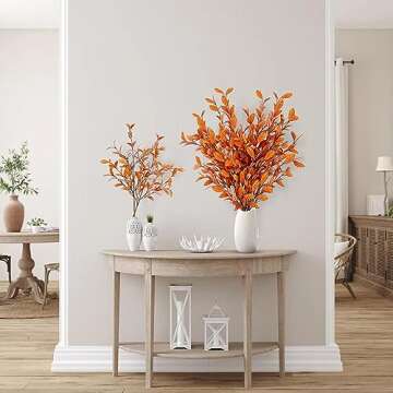 Sggvecsy 6 Pcs Artificial Fall Eucalyptus Stems Fall Eucalyptus Leaves Silk Autumn Leaf Branches Fall Decorations for Home Vase Thanksgiving Table Centerpieces Harvest Festival Decor (Orange)