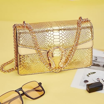 KOPNUR Women's Snake Print Crossbody Shoulder Bag PU Leather Satchel Chain Purse Evening Clutch Handbag Gold
