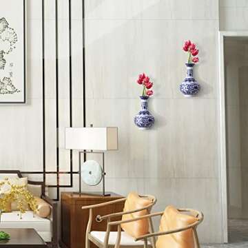 BOOMLATU Blue & White Porcelain Wall Vase Pack of 2,Small Wall Mounted Flower Holder Dried Flower Vase for Home Décor (C-5.3" x 3.2")