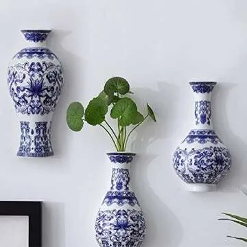 BOOMLATU Blue & White Porcelain Wall Vase Pack of 2,Small Wall Mounted Flower Holder Dried Flower Vase for Home Décor (C-5.3" x 3.2")