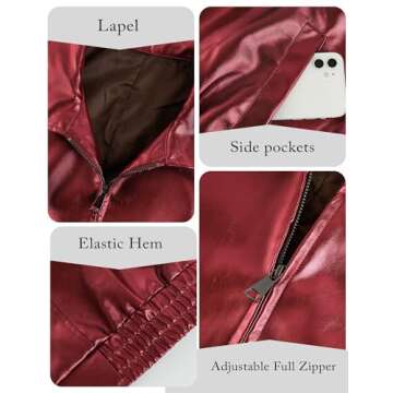 Miladusa Women's Leather Jackets Faux Motorcycle Coat Casual Zip Up Travel Leather Jacket Fall Winter Outwear Dark Red L