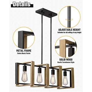 Ken & Ricky 36 inch Farmhouse Chandelier, Rustic Dining Room Light Fixture, 4-Light Kitchen Island Lighting Pool Table Pendant Light, Solid Wood and Metal Frame