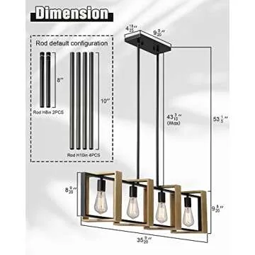 Ken & Ricky 36 inch Farmhouse Chandelier, Rustic Dining Room Light Fixture, 4-Light Kitchen Island Lighting Pool Table Pendant Light, Solid Wood and Metal Frame