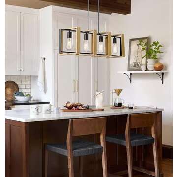 Ken & Ricky 36 inch Farmhouse Chandelier, Rustic Dining Room Light Fixture, 4-Light Kitchen Island Lighting Pool Table Pendant Light, Solid Wood and Metal Frame