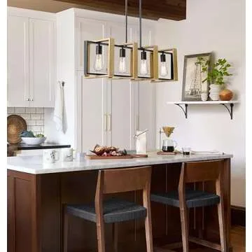 Ken & Ricky 36 inch Farmhouse Chandelier, Rustic Dining Room Light Fixture, 4-Light Kitchen Island Lighting Pool Table Pendant Light, Solid Wood and Metal Frame