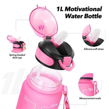 MEITAGIE Water Bottle 32oz with Straw, Motivational Water Bottle with Time Marker & Buckle Strap,Lea...