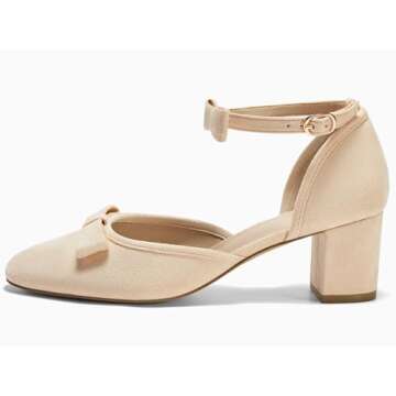 Coutgo Womens Chunky Low Heels Bow Closed Toe Ankle Strap Pumps Elegant Wedding Party Dress Shoes, Nude, Size 8