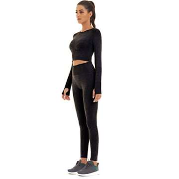 Toplook Women Seamless Workout Outfits Athletic Set Leggings + Long Sleeve Top 2 Pieces(Black, Large)