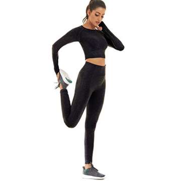 Toplook Women Seamless Workout Outfits Athletic Set Leggings + Long Sleeve Top 2 Pieces(Black, Large)