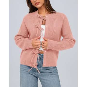 BTFBM Cardigan Sweaters for Women Trendy 2025 Fall Open Front Long Sleeve Button Down Bow Knot Cropped Lady Jacket(Pink, Large)