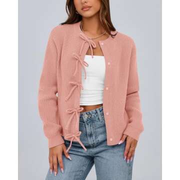 BTFBM Cardigan Sweaters for Women Trendy 2025 Fall Open Front Long Sleeve Button Down Bow Knot Cropped Lady Jacket(Pink, Large)