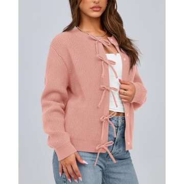 BTFBM Cardigan Sweaters for Women Trendy 2025 Fall Open Front Long Sleeve Button Down Bow Knot Cropped Lady Jacket(Pink, Large)