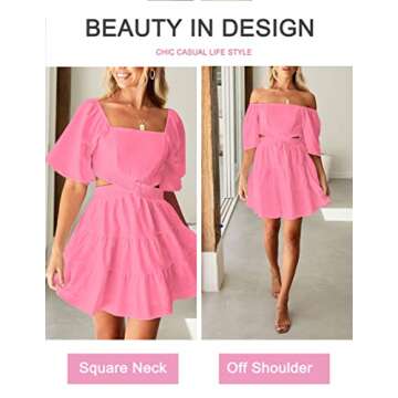 Women's Summer Dresses Square Neck Casual Short Sleeves Crossover Elastic Waist Party Mini Dress Pink M