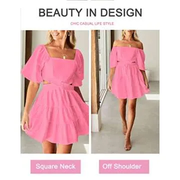 Women's Summer Dresses Square Neck Casual Short Sleeves Crossover Elastic Waist Party Mini Dress Pink M