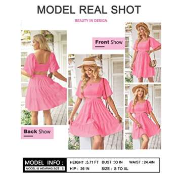 Women's Summer Dresses Square Neck Casual Short Sleeves Crossover Elastic Waist Party Mini Dress Pink M