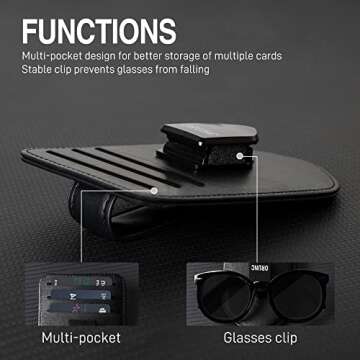 ORUNC Sunglasses Clip for Car Visor, Universal Sunglass Holder for Card Storage, Auto Interior Accessories Pocket Organizer with Eyeglass and Credit Card (Black)