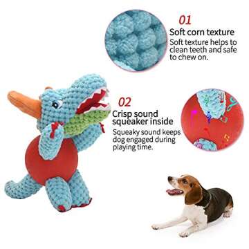 Dog Toy Plush Durable Small Dog Toys Low Stuffing Interactive Dog Plush Toys W/ Squeaker Puppy Chew Toys Reduces Boredom with Chew Guard (Small, Dino Pterosaur with squeaker rubber ball body)