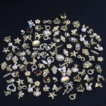 Dornail 50pcs Gold Nail Charms for Acrylic Nails, Mix Styles Shiny Pearl Alloy Nail Rhinestones Flower Butterfly Heart Star Charms for Nails Women Nail Jewels Nail Decorations for Nail Art Charms