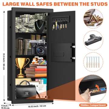 31.5" Tall Fireproof Wall Safes Between the Studs 16" Centers, Hidden Wall Safe with 3 Removable Shelf & Silent Mode, Heavy Duty Wall Mount Safe for Firearms, Money, Jewelry, Passport, Documents