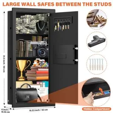 31.5" Tall Fireproof Wall Safes Between the Studs 16" Centers, Hidden Wall Safe with 3 Removable Shelf & Silent Mode, Heavy Duty Wall Mount Safe for Firearms, Money, Jewelry, Passport, Documents