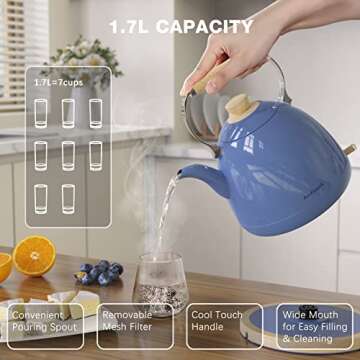 Anfilank Electric Kettle For Coffee & Tea -1.7L Water Boiler 1500W Fast Boiling, Visual Water Level, Removable Filter, LED Indicator Light. Auto Shut-off & Boil-Dry Protection - BPA Free (Blue)