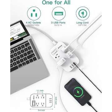 Power Strip Long Extension Cord - 10Ft Braided Extension Cord with Flat Plug, 4 Outlets and 3 USB Ch...