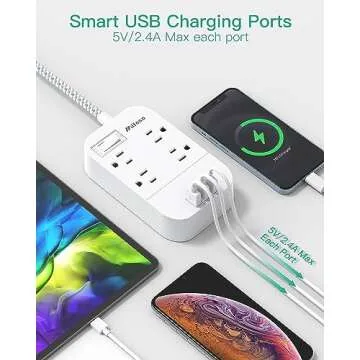 Power Strip with 10Ft Braided Cord and 3 USB Ports