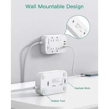 Power Strip with 10Ft Braided Cord and 3 USB Ports