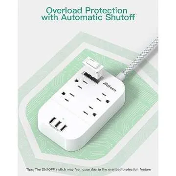 Power Strip with 10Ft Braided Cord and 3 USB Ports