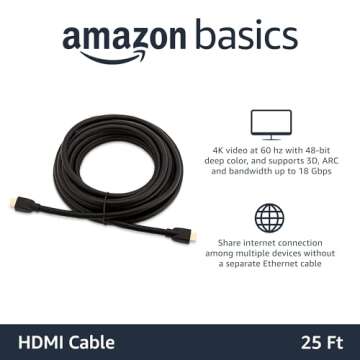 Amazon Basics 25ft High-Speed HDMI 2.0 Cable for 4K@60Hz, 18Gbps, Compatible with TV/PS5/Xbox/Roku, ...